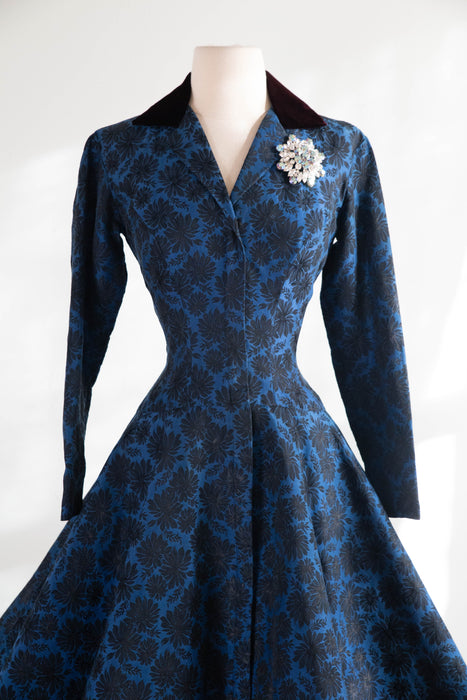 Fabulous Late 1950's Estevez Midnight Blue Brocade Party Dress / S