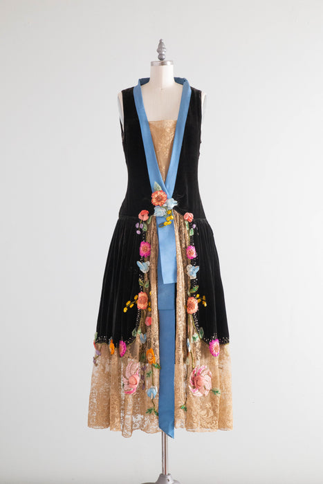 Museum Quality 1920’s Couture Evening Dress By Sadie Nemser Midnight Garden Black Silk Velvet With Ribbon Flowers / Small