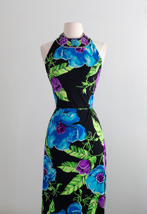 Divine 1970's Mr Dino Halter Neck Deep Tropical Floral Print Maxi Dress / SM