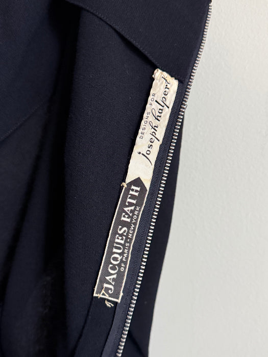 Elegant 1940's Demi Couture Jacques Fath Navy Blue Wool Dress With Pockets / S