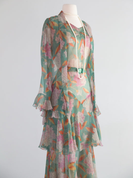 Exquisite Late 1920’s Green Silk Hydrangea Print Dress And Jacket Set / S