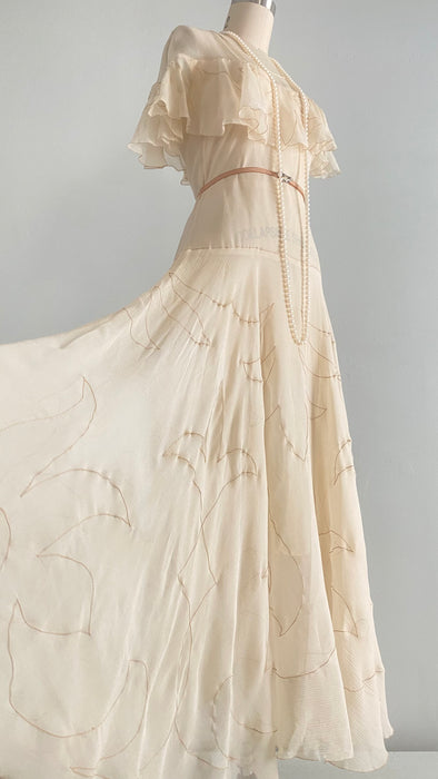 Gorgeous Late 1920's Afternoon Dress In Candlelight Silk Chiffon / Small