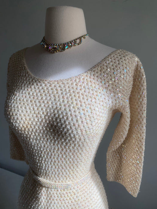 Iconic Late 1950's Ivory Aurora Sequined Knit Wiggle Dress From Hong Kong / SM