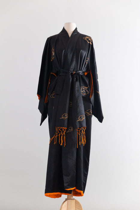 Fabulous Early 20th Century Japanese Export Silk Kimono Robe with Couched Gold Dragons / OS