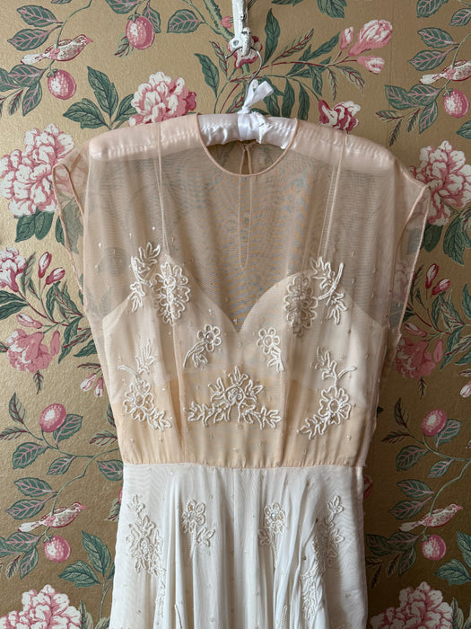 Gorgeous 1940's Martini Designed Ivory Chiffon Evening Gown With Nude Illusion Bodice / SM