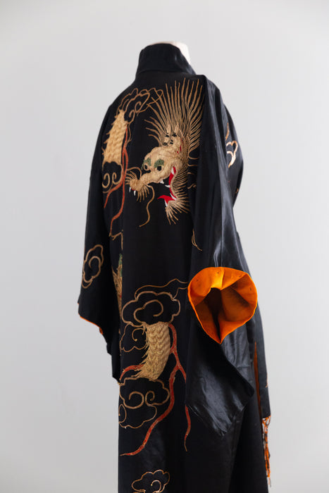 Fabulous Early 20th Century Japanese Export Silk Kimono Robe with Couched Gold Dragons / OS