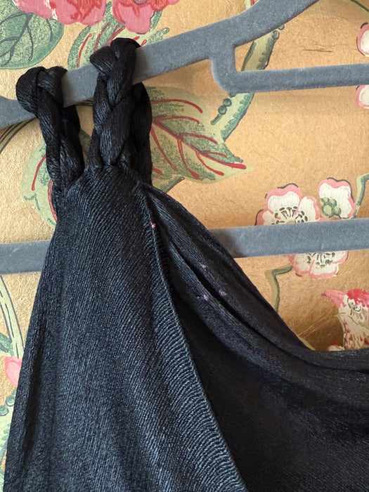 Rare 1930's Femme Fatale Liquid Black Satin Crepe Evening Gown With Crimson Sash / S