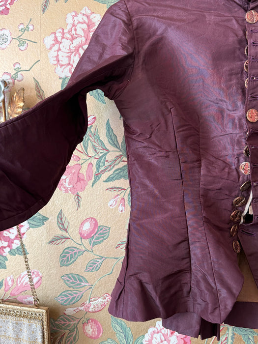 Antique 1880s Bustle Era Two-Piece in Aubergine Silk Taffeta with Celestial Buttons / XS