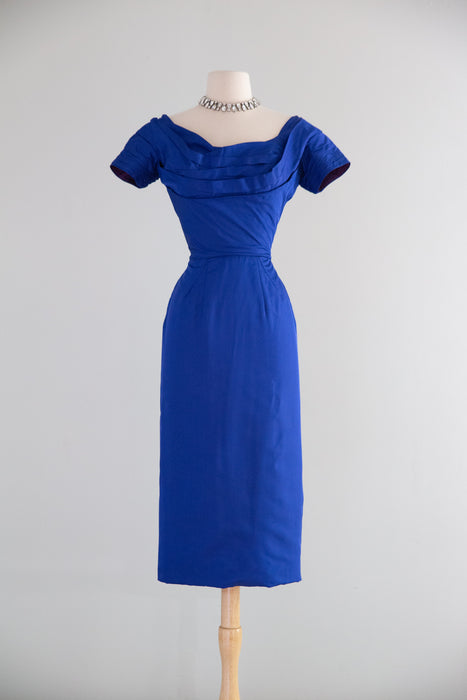 Stunning 1950's Cobalt Blue Sculpted Silk Cocktail Dress with Fan Back / S