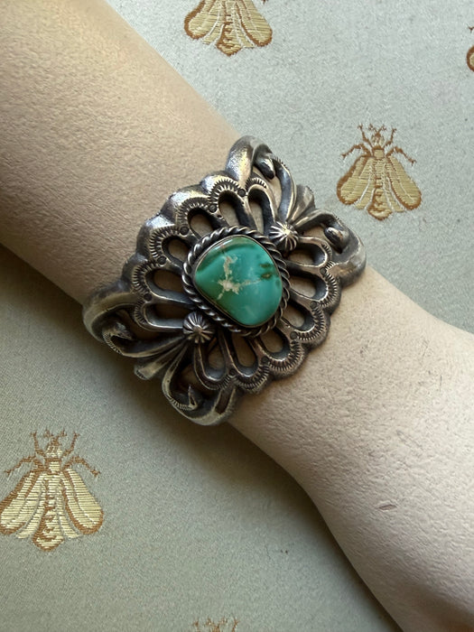 Iconic R.S. Mitchell Navajo Sterling Statement Cuff With Green Turquoise Stone