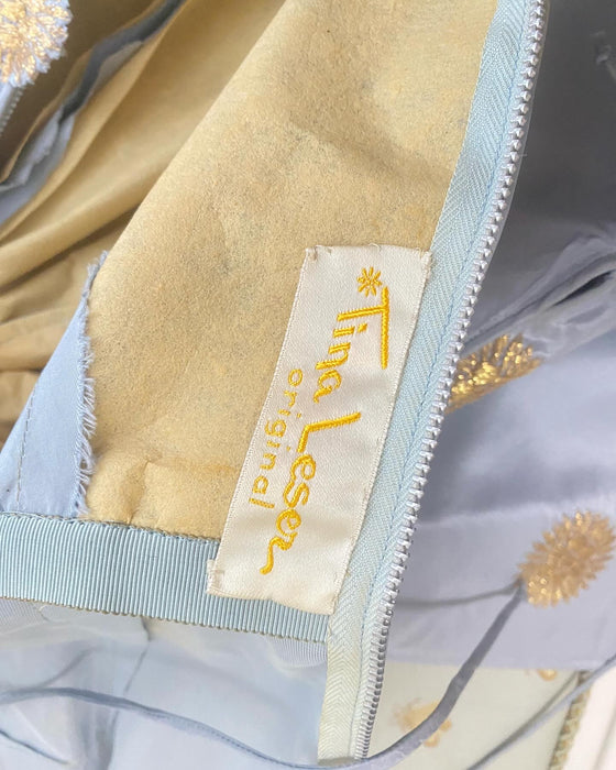 Iconic 1954 Tina Leser Original Ice Blue Silk Hostess Dress With Embroidered Starbursts / SM