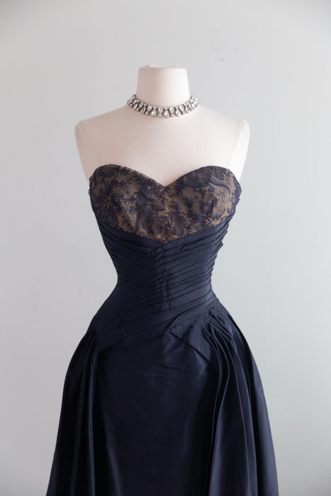 Exquisite 1950's Couture Cocktail Dress in Navy Silk Taffeta and Imported Lace / SM