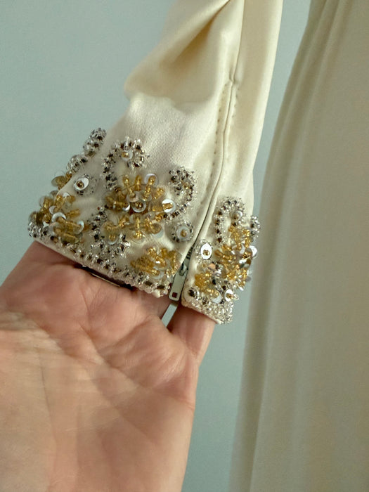 Elegant 1970's Beaded Champagne Jersey Gown By Victoria Royal LTD. // S
