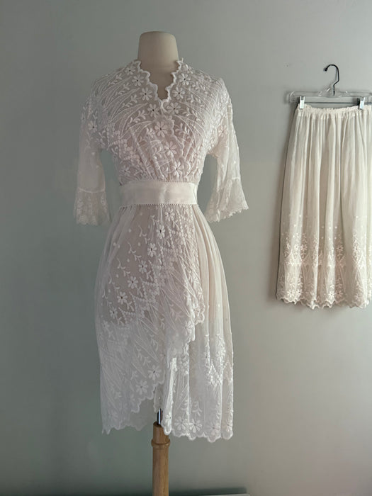 Ethereal Edwardian Embroidered Cotton Wedding Dress Three Piece Set / XS