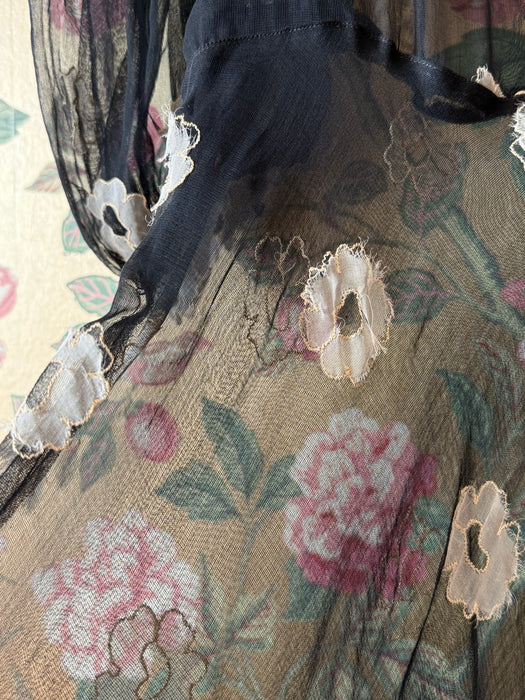 Ethereal 1930's Embroidered Sheer Black Silk Net Bias Cut Gown / S