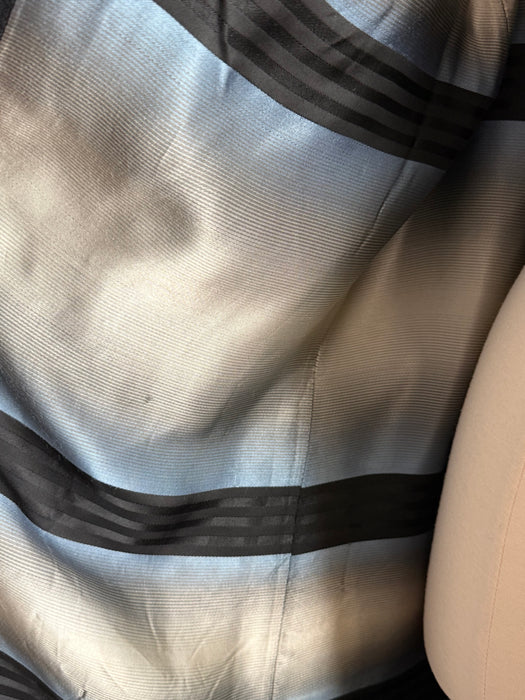 Sublime 1950s Black Virgin Wool Cocoon Coat with Dramatic Striped Lining. / M