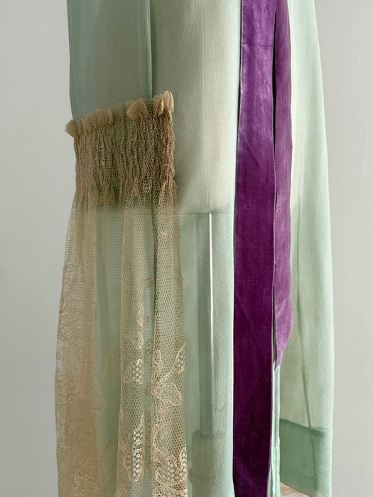 Ethereal 1920’s Aquamarine & Violet Sheer Silk Chiffon Flapper Dress With Embroidered Net