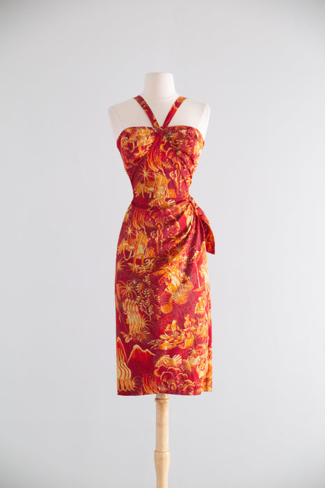 Glamorous 1950’s Alfred Shaheen "Luau" Hawaiian Print Sarong Dress / M