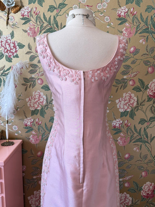 Stunning 1965 Pierre Balmain Peony Pink Shantung Silk Beaded Evening Gown / SM