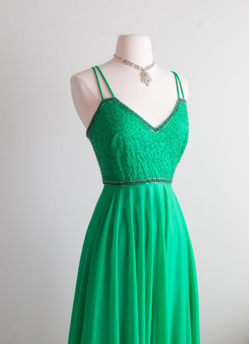 Wonderful 1970's Kelly Green Beaded Party Dress / Sz M