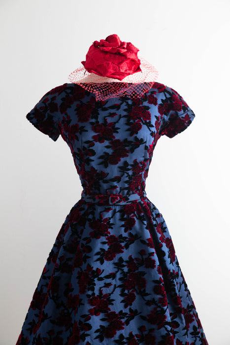 Gorgeous 1950’s Samuel Winston by Roxane Demi Couture Flocked Velvet Cocktail Dress / SM