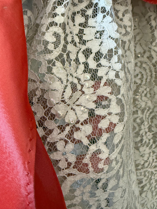 Stunning 1950's Ivory Lace Party Dress With Scarlet Sash & Sequins / Small