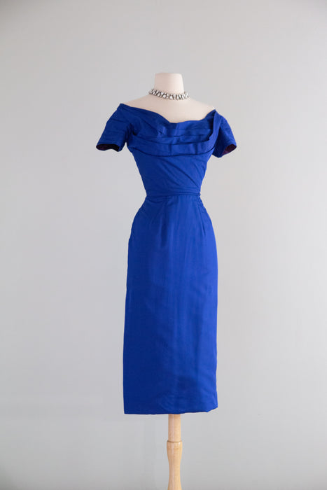 Stunning 1950's Cobalt Blue Sculpted Silk Cocktail Dress with Fan Back / S