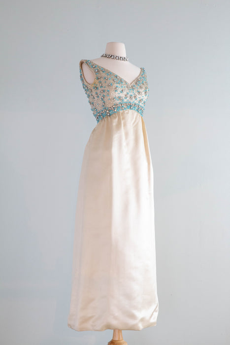 Elegant 1960's Pat Sandler Beaded Ivory Silk Empire Evening Gown / S Xtabay Vintage Elegant 1960's Pat Sandler Beaded Ivory Silk Empire Evening Gown / S Xtabay Vintage