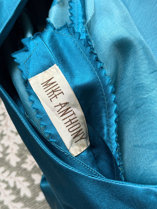 Exquisite 1950's Cerulean Blue Silk Satin Demi Couture Cocktail Dress By Mike Anthony / M