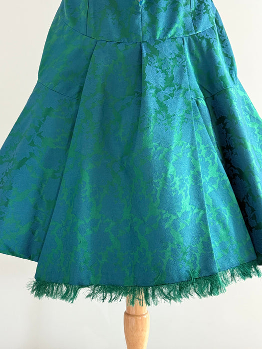 Stunning 1950s Estevez Emerald Silk Brocade Holiday Cocktail Dress / S