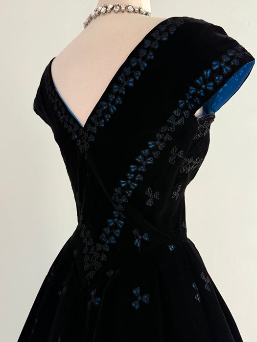 Exquisite 1950s David Hart Eyelet Velvet Cocktail Dress with Sapphire Glow / SM