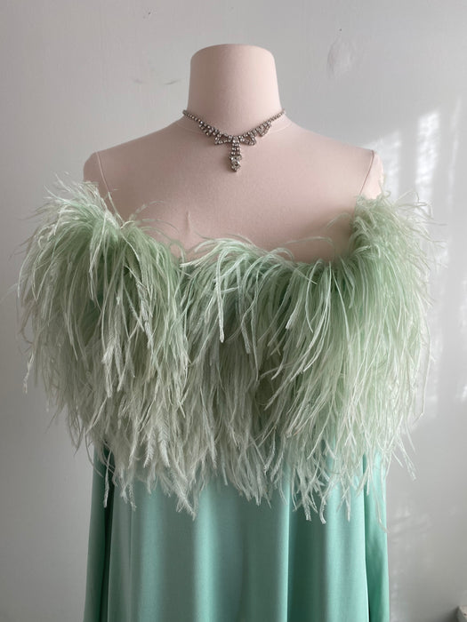 Fabulous Late 1960's Mint Daiquiri Ostrich Feather Trimmed Evening Gown / Med.