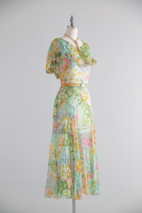 Dreamy 1930's Impressionist Floral Print Silk Chiffon Dress / SM