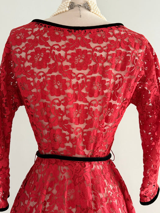 Stunning 1950’s Scarlet Lace Full Skirt Cocktail Dress / SM