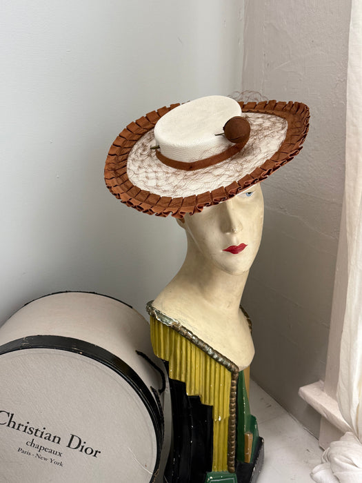 Wonderful 1930s White Straw Tilt Hat with Caramel Grosgrain Trim, Veiling, and Hatpin