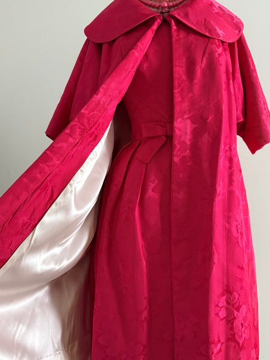 Iconic 1950s Shocking Pink Floral Brocade Cocktail Dress and Matching Coat Ensemble / S