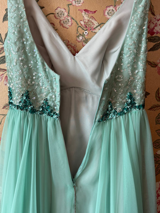 Stunning 1960's Sea Glass Sequined Chiffon Evening Gown / S