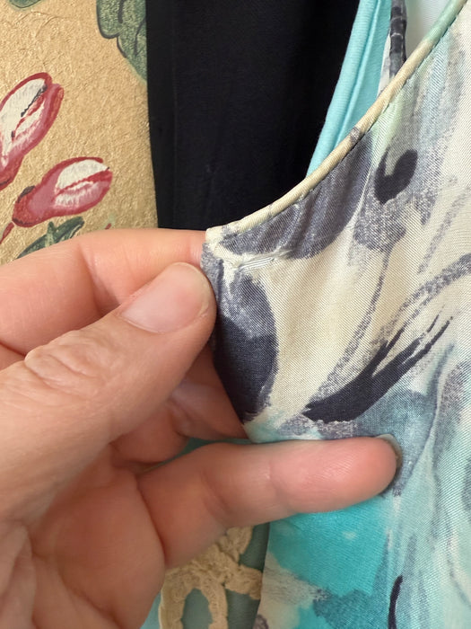 Elegant 1950's Aquamarine & Charcoal Silk Rose Print Cocktail Dress / M