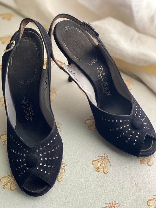 Sophisticated 1950's Delman Slingback 4" Peep toe Pumps With Rhinestones / 6M