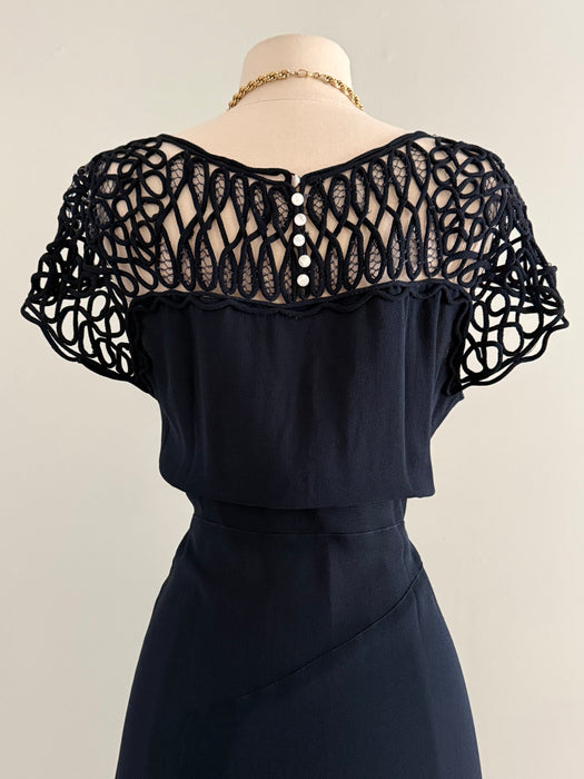 Rare 1930's NRA Labeled Navy Crepe Dress With Soutache Sleeves / M