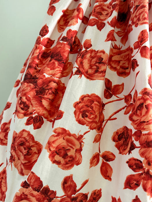 Spectacular 1950's Strapless Cotton Rose Print Evening Dress / SM
