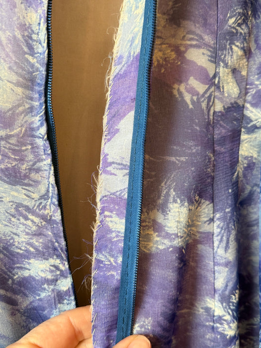 Glamorous Late 50's Silk Chiffon Cocktail Dress In An Abstract Blue Watercolor Print / M