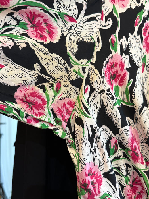 Vintage 1940's Carnations & Butterflies Print Floral Rayon Dress with Bows / M
