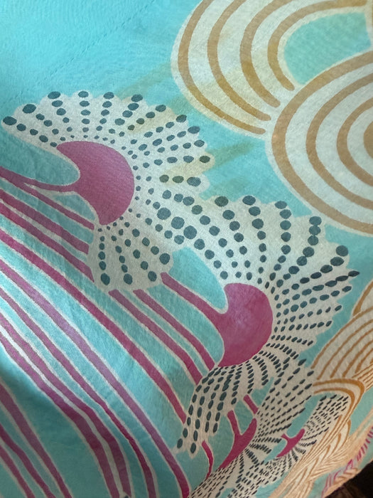 Dreamy 1970's Silk Chiffon Abstract Print Midi Dress With Bishop Sleeves / SM