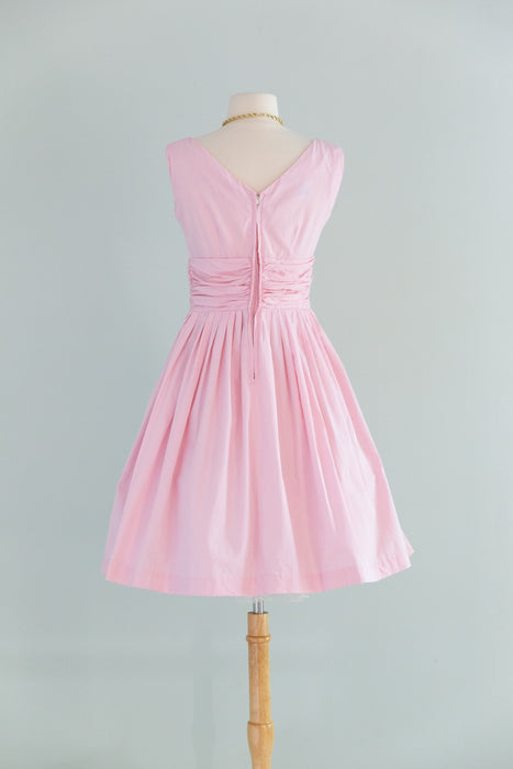 Romantic Early 1960's Embroidered Pink Cotton Sundress / Small