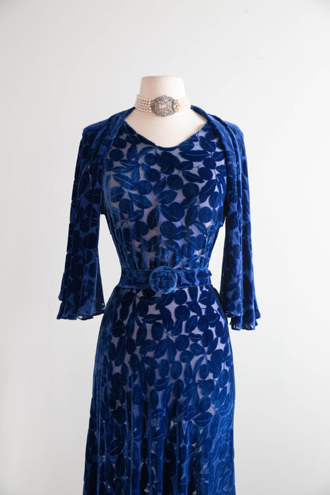 Exquisite 1930s Sapphire Devoré Velvet Bias Cut Evening Gown & Cape / M
