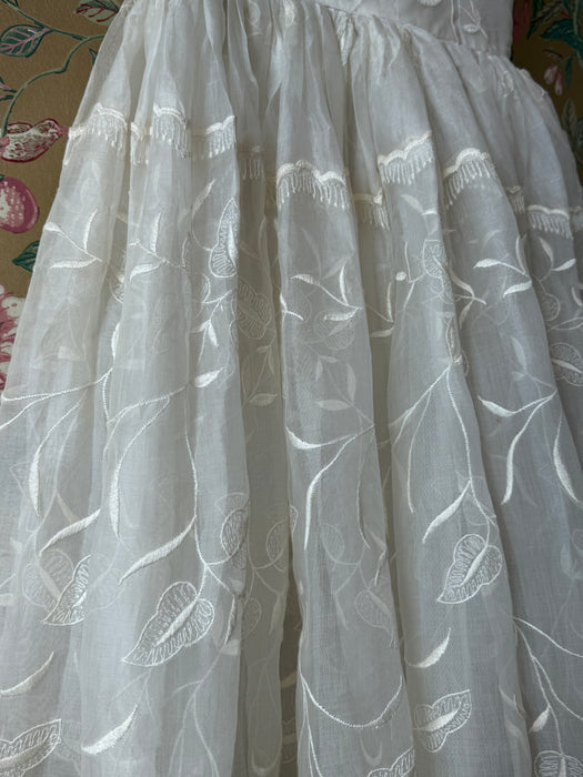 Dreamy 1950's Embroidered Cotton Organdy Tea Length Wedding Dress / S