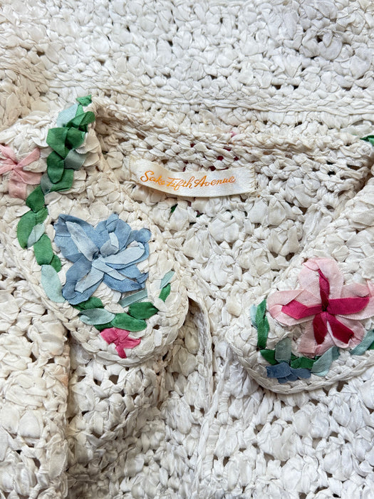 Elegant 1950's Ivory Ribbon Knit Dress & Matching Jacket From Saks Fifth Ave / SM