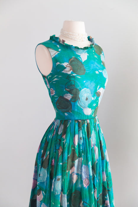 Dreamy Early 60's Teal Blue Impressionist Rose Print Cotton Sundress / S