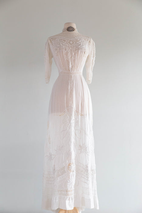 Extraordinary Antique Edwardian Hand Embroidered Wedding Gown / SM